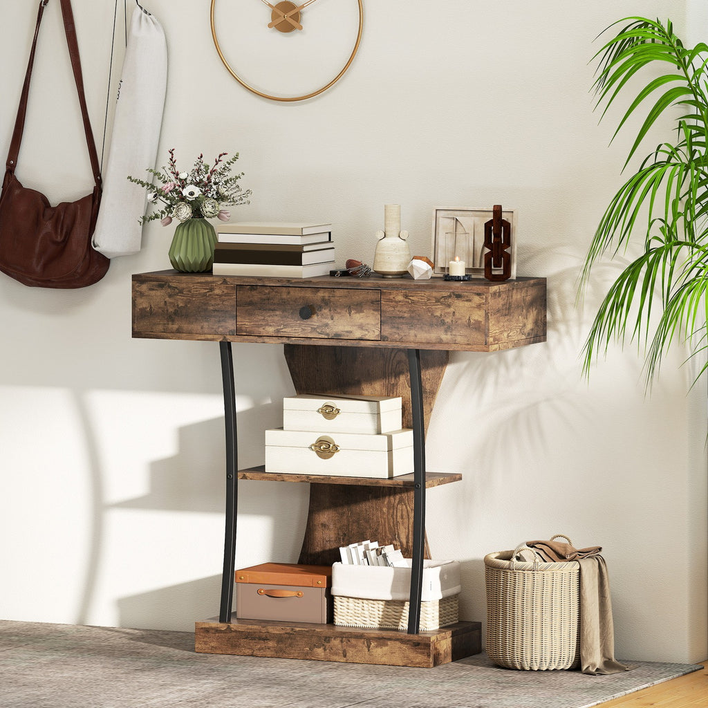 Console Table with Drawer, 3-Tier Industrial Hallway Table, Rustic Brown