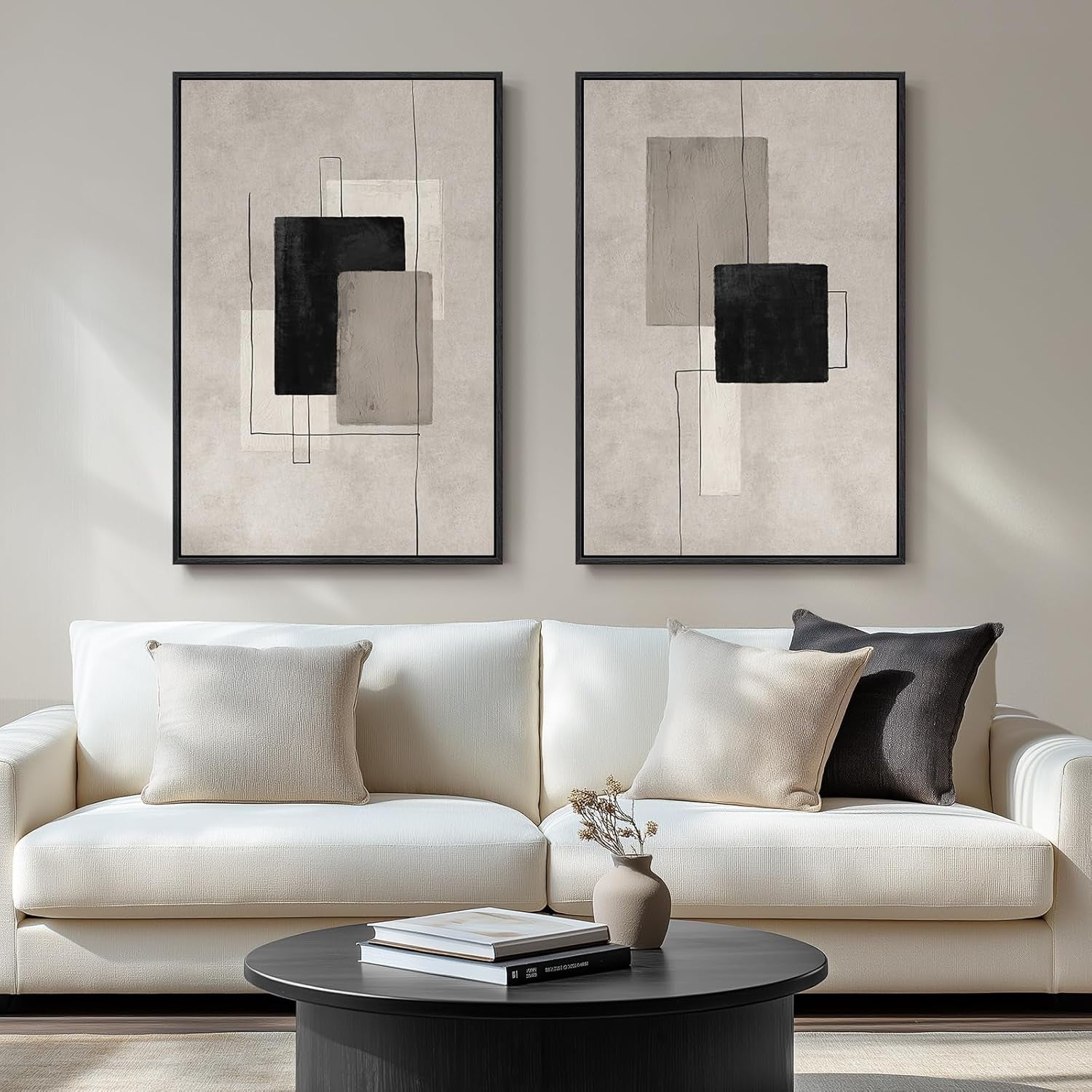 Large Framed Neutral Abstract Wall Art for Living Room, Set of 2 Black and Beige Modern Canvas Prints Paintings Artwork for Walls, Minimalist Block Lines Pictures for Hallway Office Wall Decor 24X36