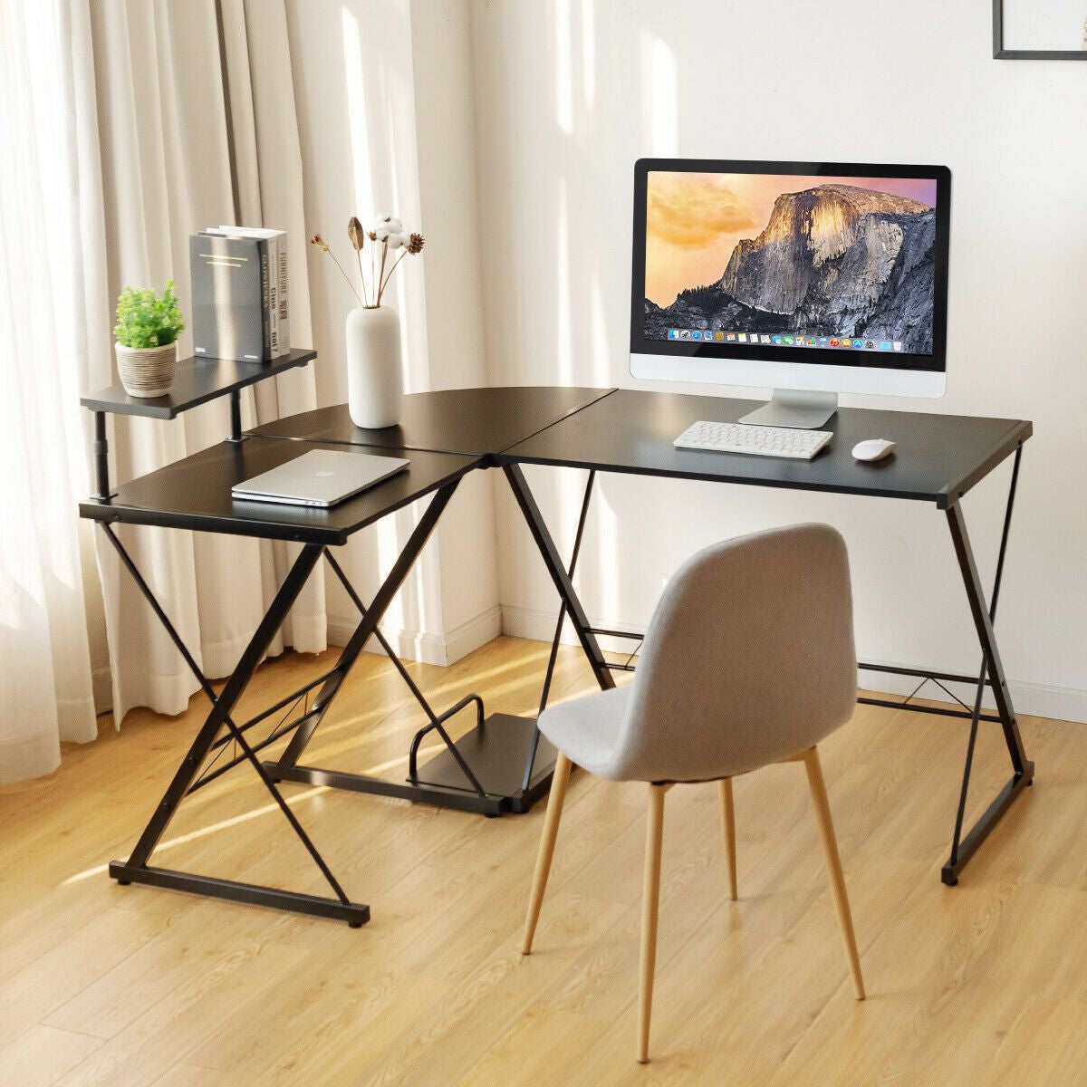 L-Shaped Corner Computer Desk with Monitor Stand and Host Tray