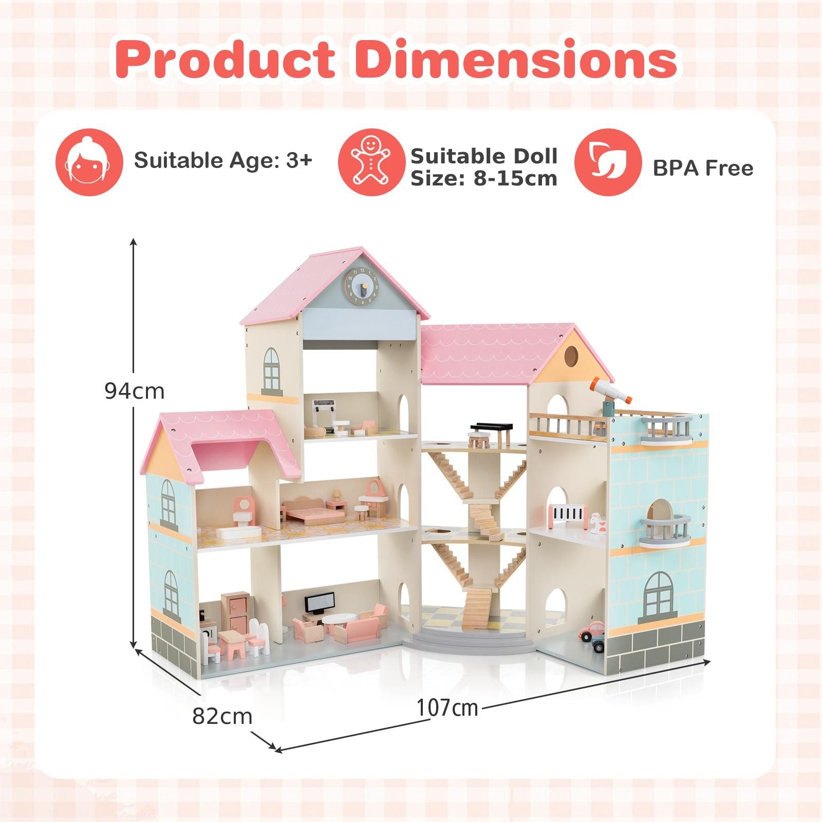Wooden Corner Dollhouse Playset Pink Roof Doll House