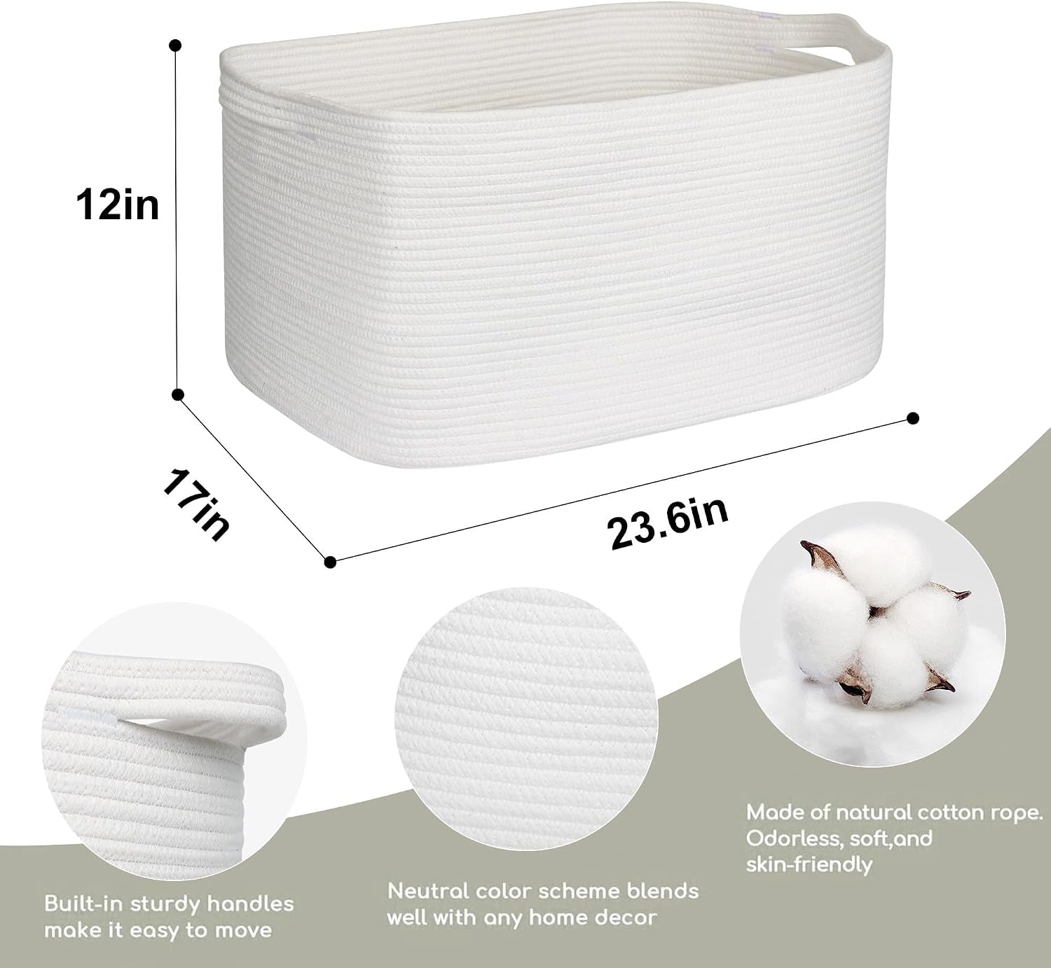Extra Large White Storage Basket, " Rectangle, Woven Cotton Rope, Toy Bins, XXXL Organizing Baskets, Wicker Laundry