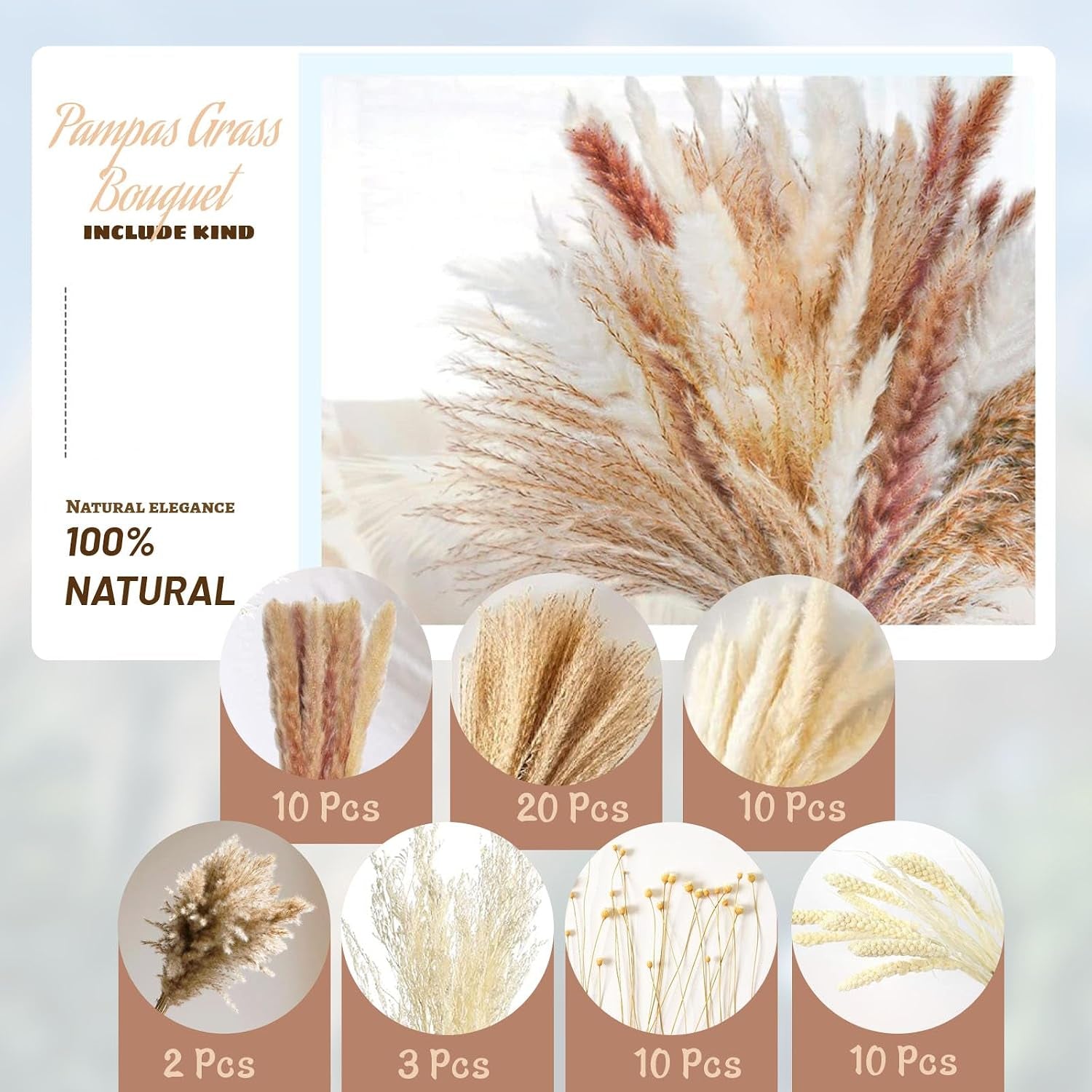 Natural Dried Pampas Grass (UK Company), 65PCS Dried Flowers Fluffy Pampas Grass Bouquet, Artificial Pampas for Wedding Floral Arrangements Boho Home Decor