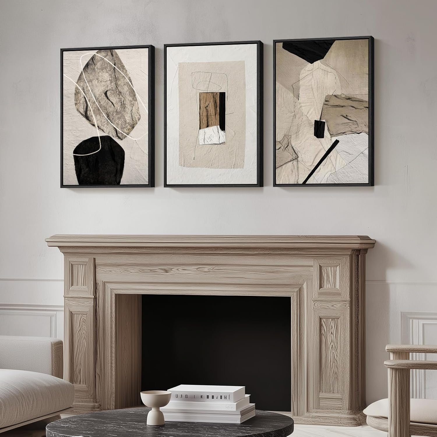 Framed Neutral Abstract Wall Art, Set of 3 Modern Canvas Prints Paintings Artwork for Walls, Minimalist Black and Beige Pictures for Living Room Hallway Stair Bedroom Office Wall Decor 16X24 Inch