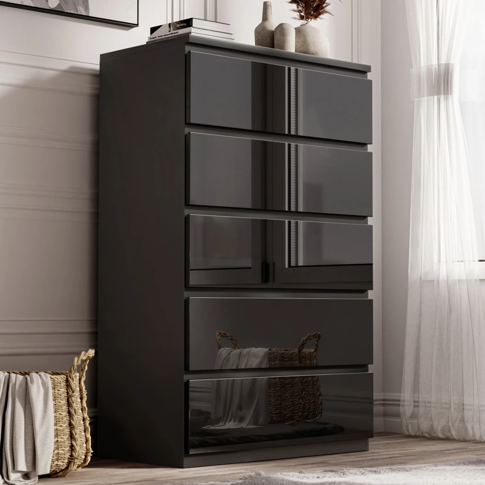 High Gloss Chest of Drawers Bedside Cabinet Tall Wide Storage Bedroom Furniture