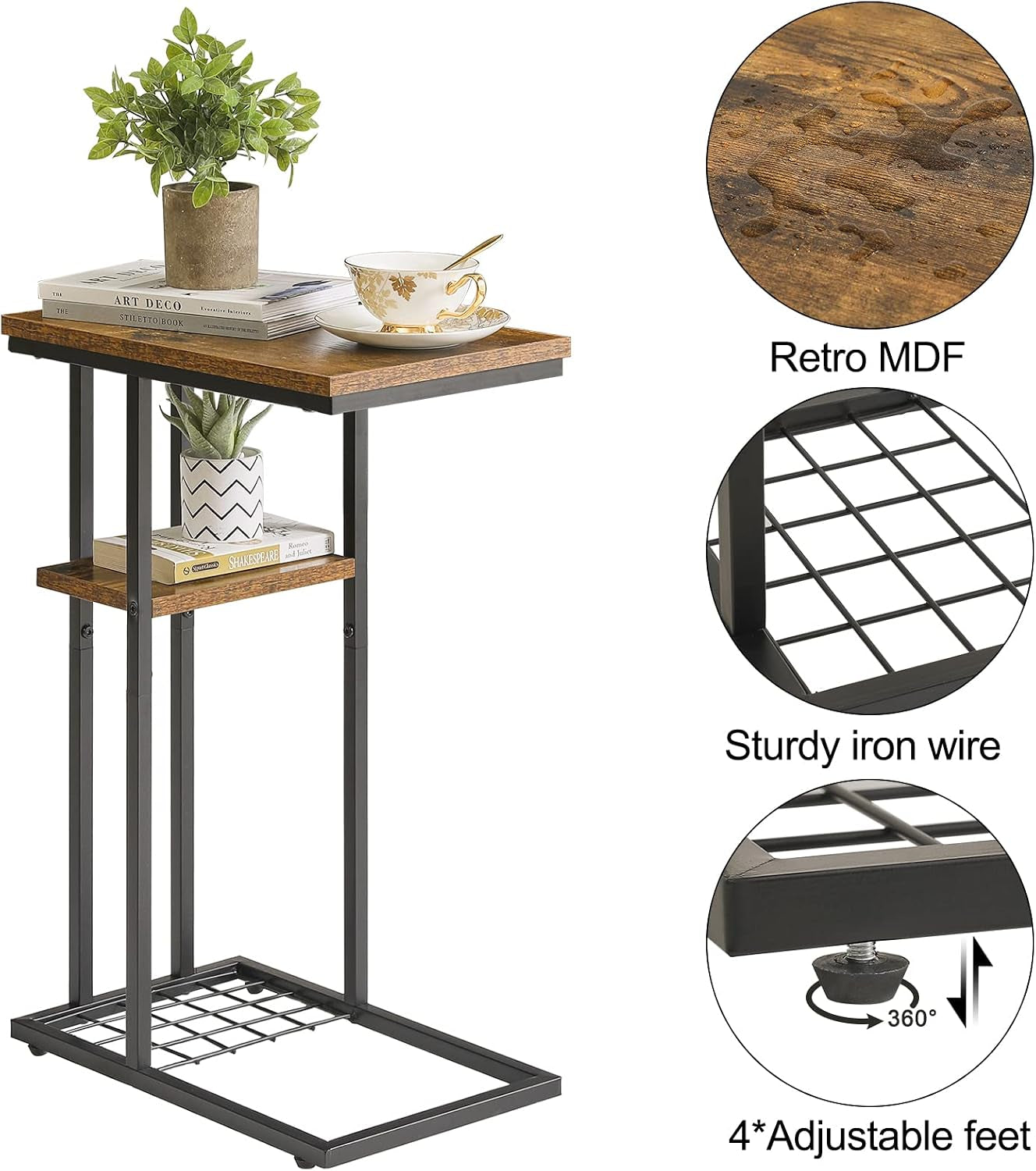 C-Shaped End Table Set of 2, Side Table for Sofa and Bed, Coffee Table for Small Spaces, Living Room, Bedroom, Industrial Small Table with Storage Shelf and Metal Frame, Rustic Brown, HST004H-2