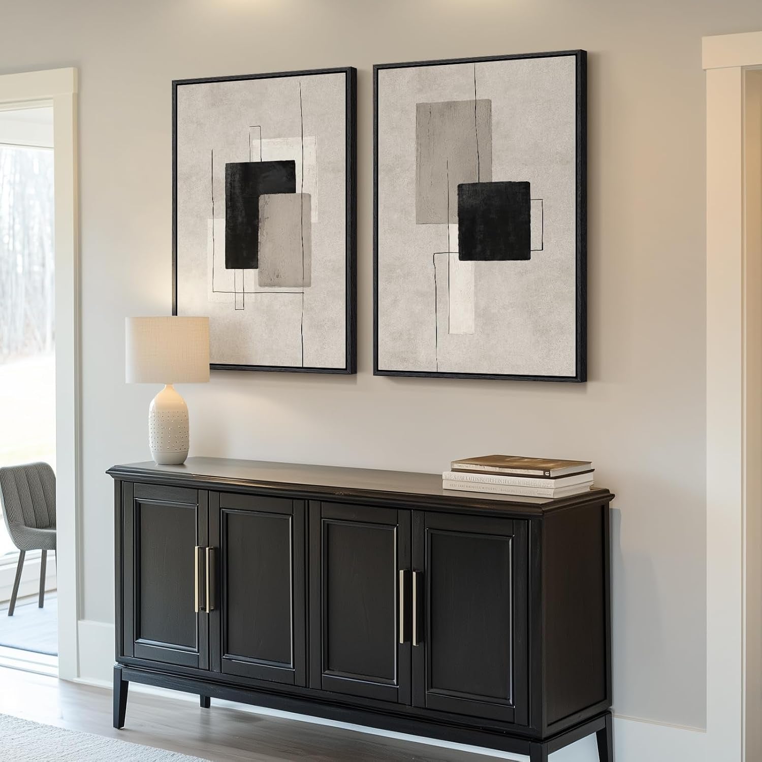 Large Framed Neutral Abstract Wall Art for Living Room, Set of 2 Black and Beige Modern Canvas Prints Paintings Artwork for Walls, Minimalist Block Lines Pictures for Hallway Office Wall Decor 24X36
