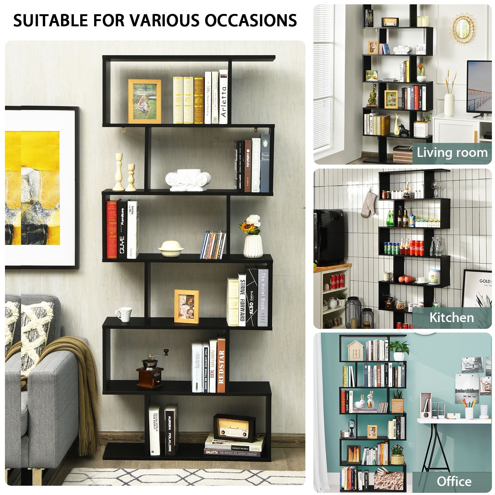 6-Tier S-Shaped Wooden Industrial Bookshelf
