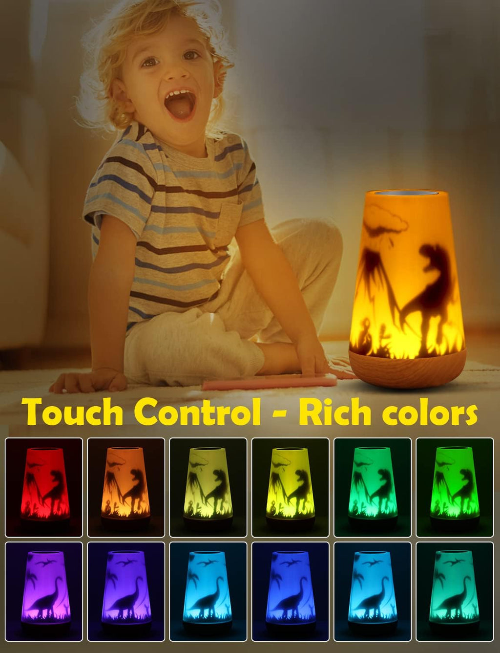 Dinosaur Night Light Kids, Touch Remote Control 16 Colors | USB Rechargeable Bedside Lamp, Timer, Girls Baby Kids Bedroom Décor, Cute Birthday Gift Girls Boys