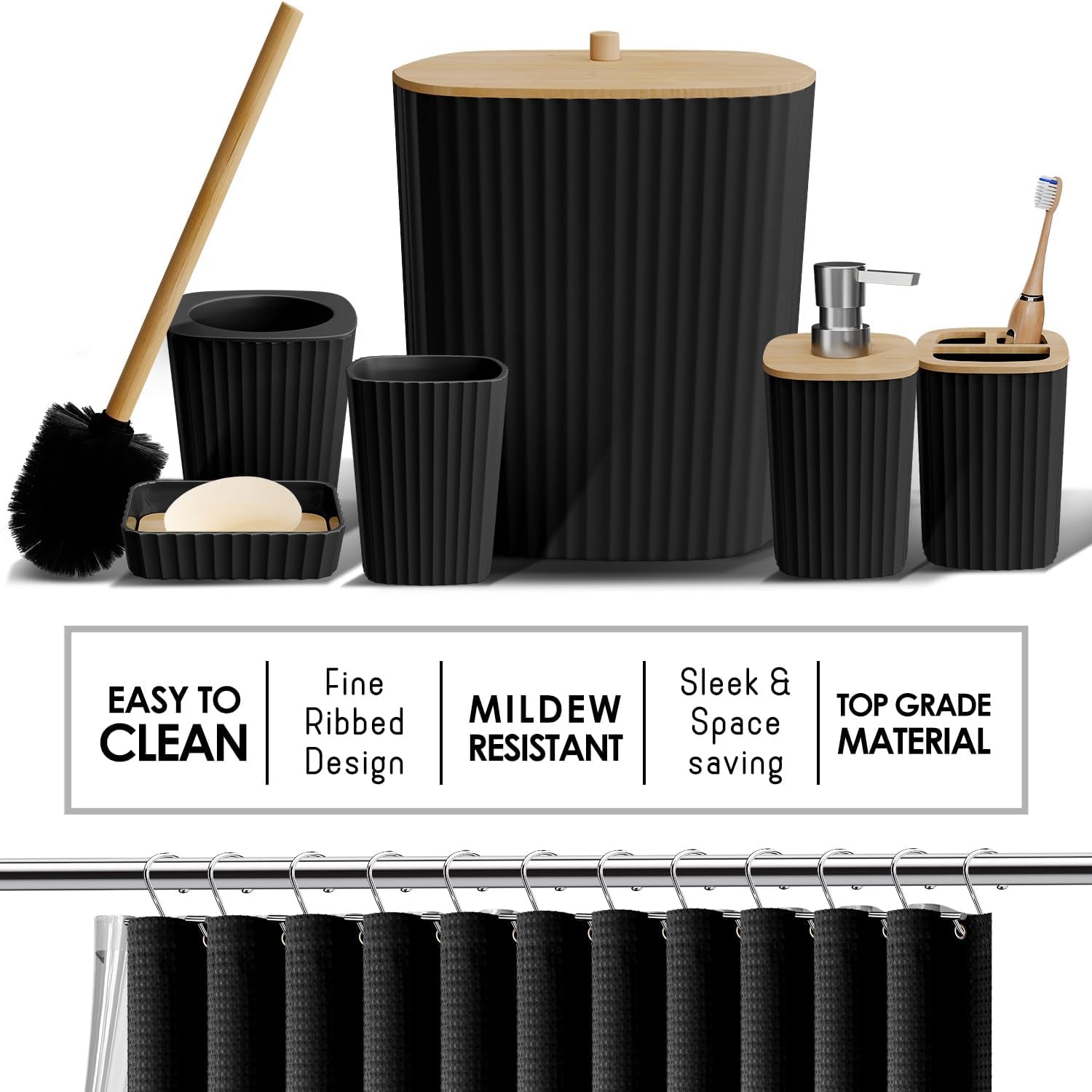 Bathroom Accessories Set - Bathroom Accessory Set with Shower Curtain Set, Toilet Brush, Trash Can & Soap Dispenser (Black, Complete Set)