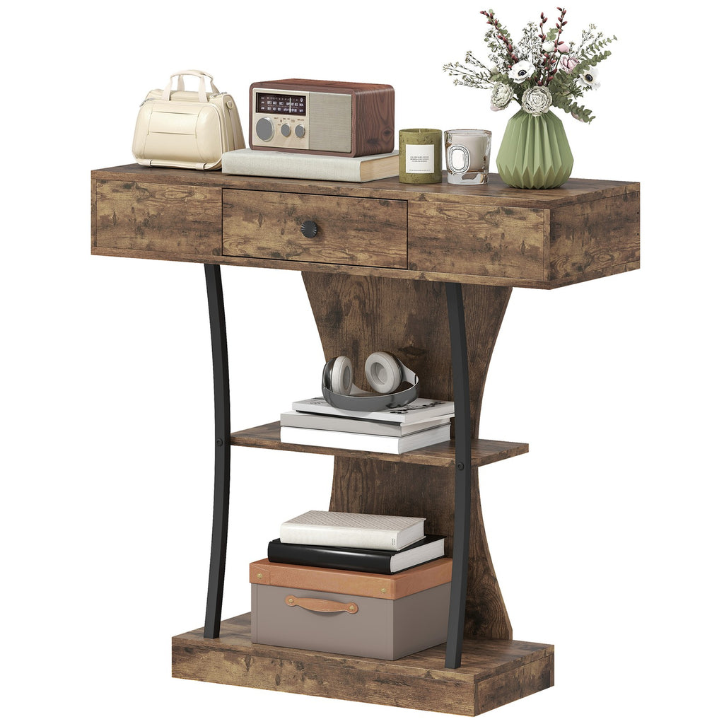 Console Table with Drawer, 3-Tier Industrial Hallway Table, Rustic Brown