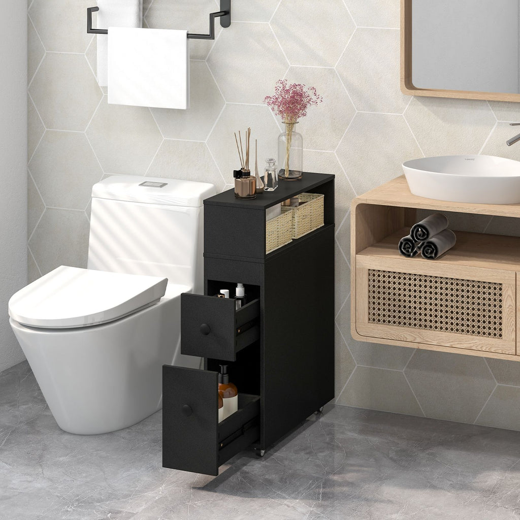 Slim Bathroom Storage Cabinet Movable with 2 Drawers and Baskets