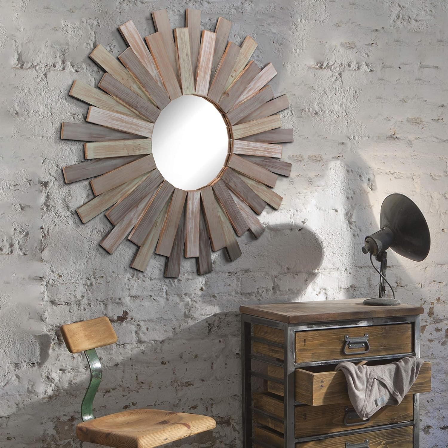 Large round 31.3" Wooden Sunburst Hanging Wall Mirror with Attached Hanging Bracket
