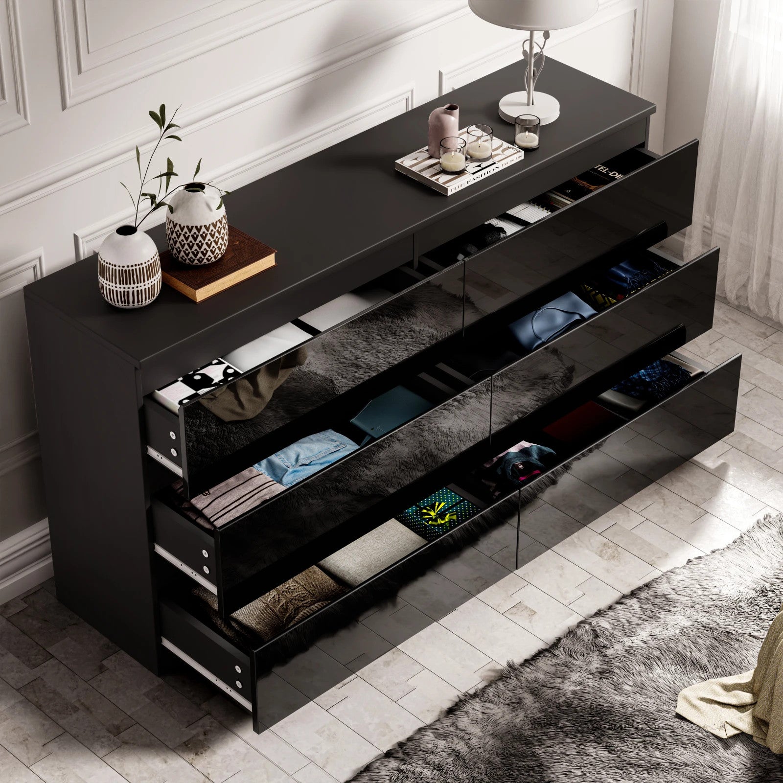 High Gloss Chest of Drawers Bedside Cabinet Tall Wide Storage Bedroom Furniture