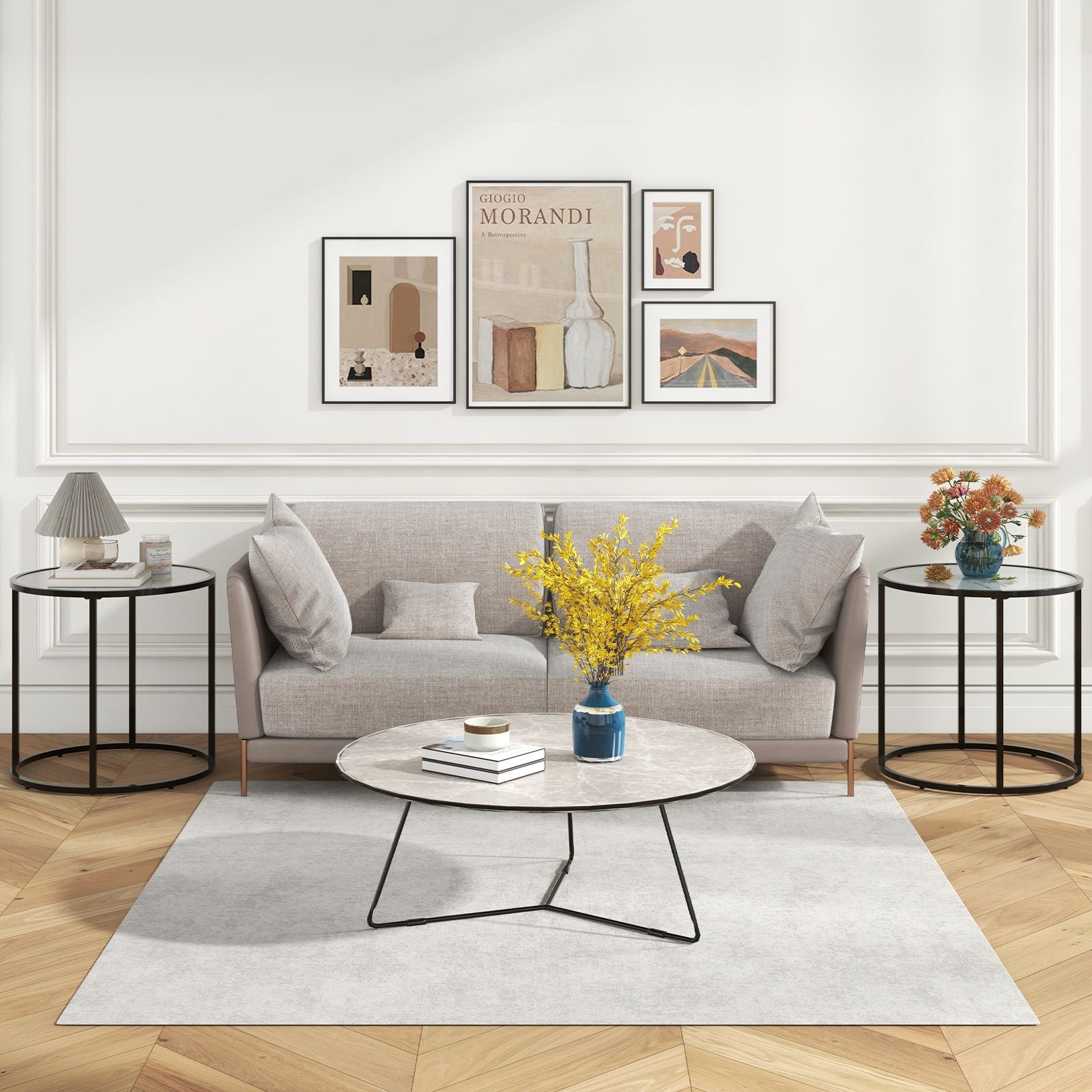 50CM round Side Table with Metal Frame and Faux Marble Glass Top