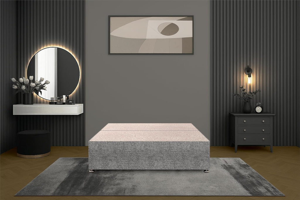 Tweed Grey Flexby Divan Bed Base – Upholstered Platform Frame | Double (4FT6) | Optional Headboard & Storage Drawers | Strong Timber Frame | UK Made