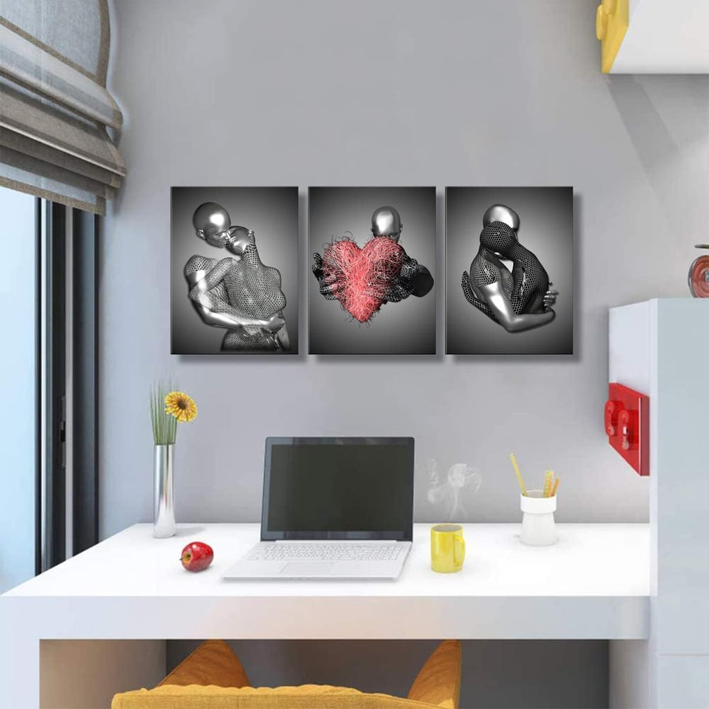 Framed 3 Pcs Love Heart 3D Wall Art Metal Sculpture Romantic Couple Abstract Art Prints Posters Decor Grey Black and White Canvas Printsfor Bedroom Living Room Bathroom Hotel Valentine'S Day Ready To