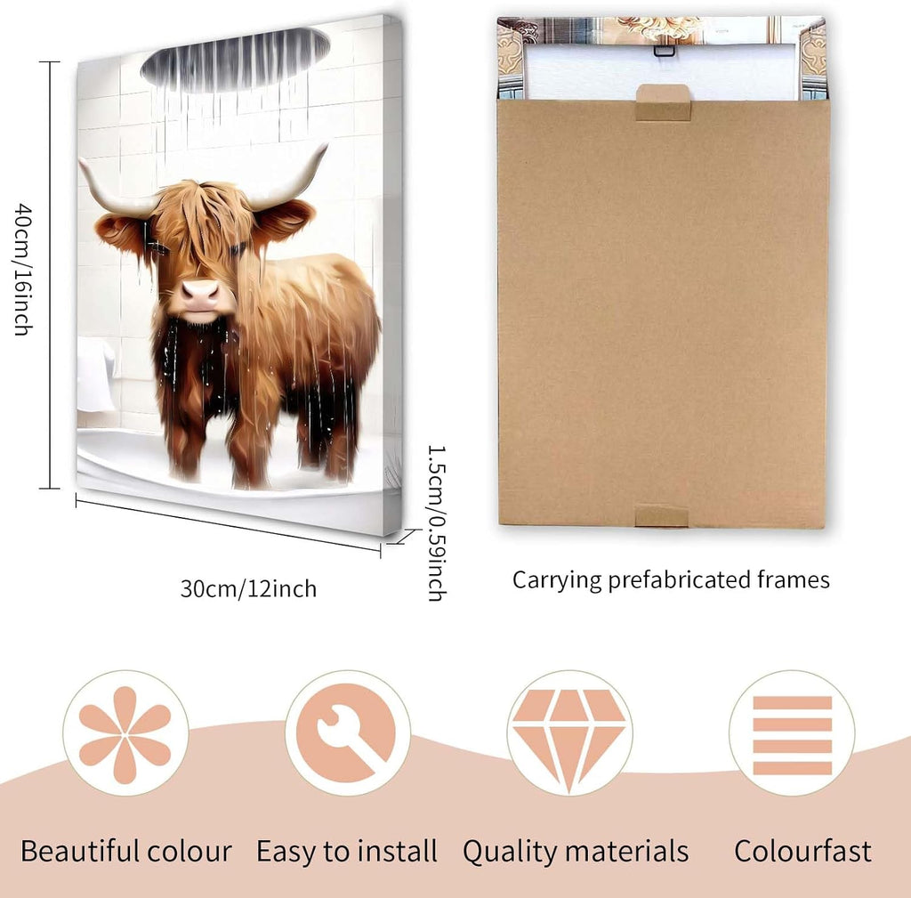 Highland Cow Bathroom Wall Art Set of 3 – Framed Canvas Pictures with Hooks, Funny Animal Artwork for Bathroom Decor, Wall Art for Bedroom or Toilet, 12X16 Inch Each