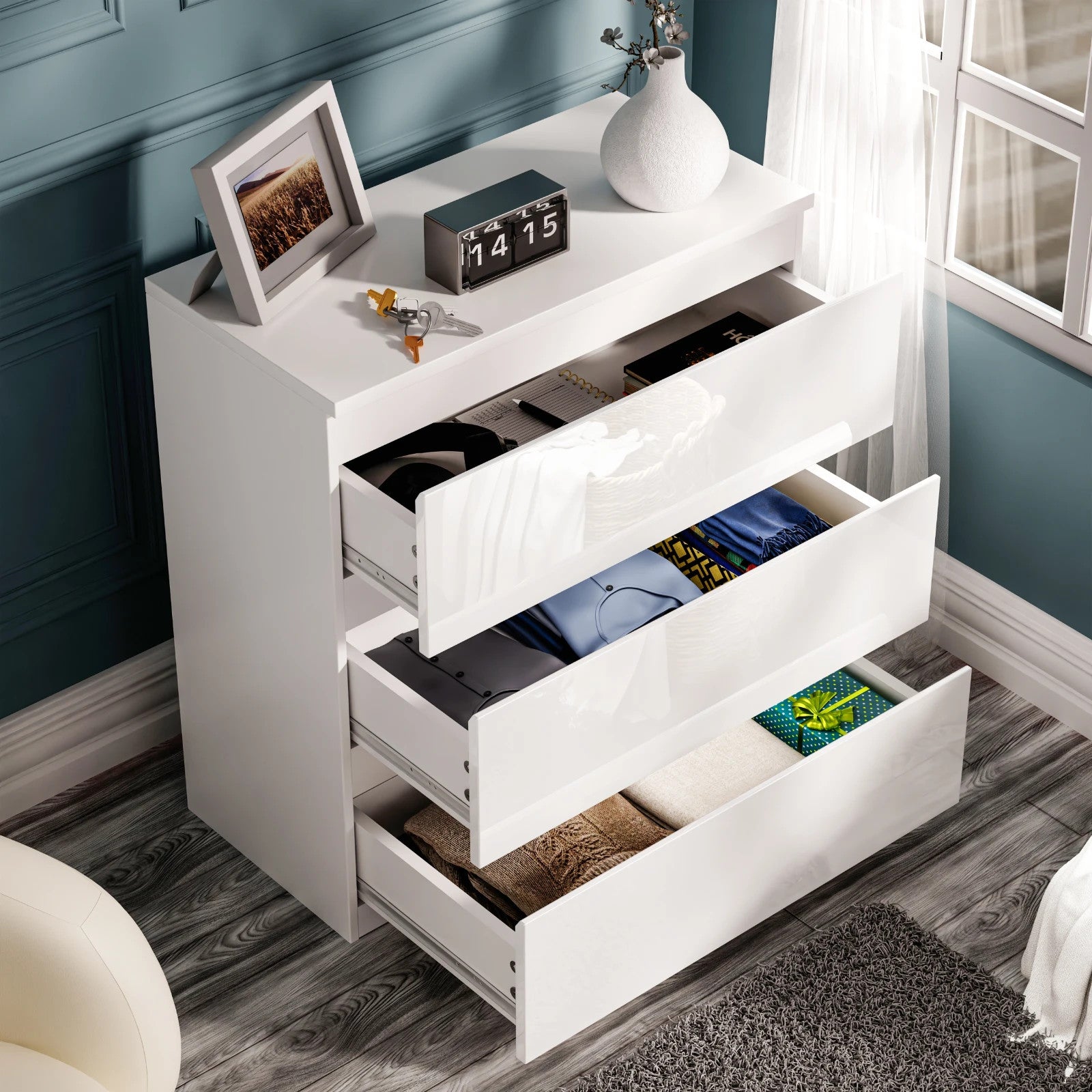 High Gloss Chest of Drawers Bedside Cabinet Tall Wide Storage Bedroom Furniture