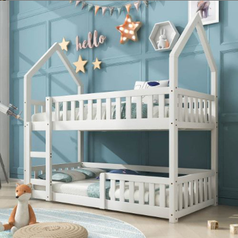 Bunk Bed, Twin Sleeper Bed with Ladder, Solid Wood Frame 3FT Single Bed, Gaming Bed, Castle-Shaped Bed 90 X 190 Cm Children'S Bed Room Furniture, Wooden Bed Frame for Kids Children White