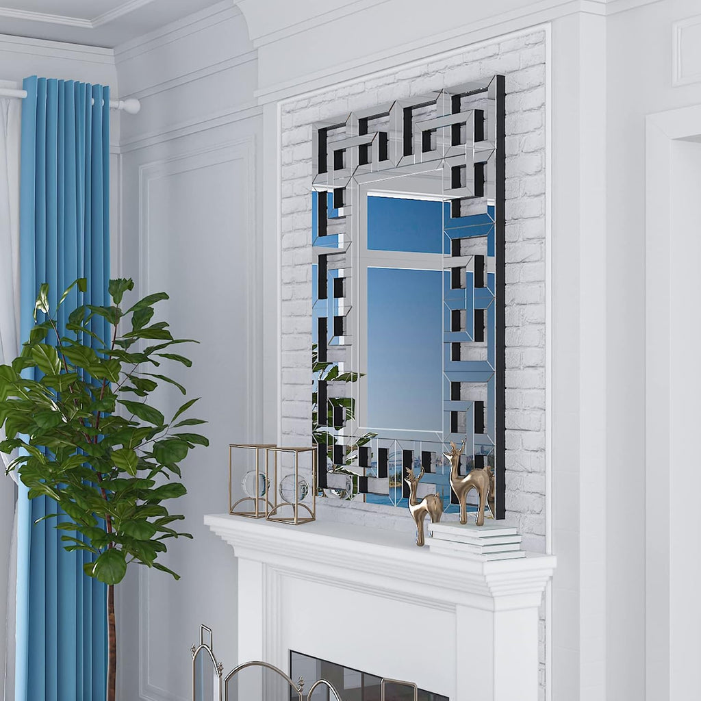 Decorative Mirror for Wall: 100X70 Cm Rectangular Large Silver Vanity with Beveled Glass Grecian Venetian Frame Edge Home Art Modern Accent Decor Bathroom Bedroom Living Room