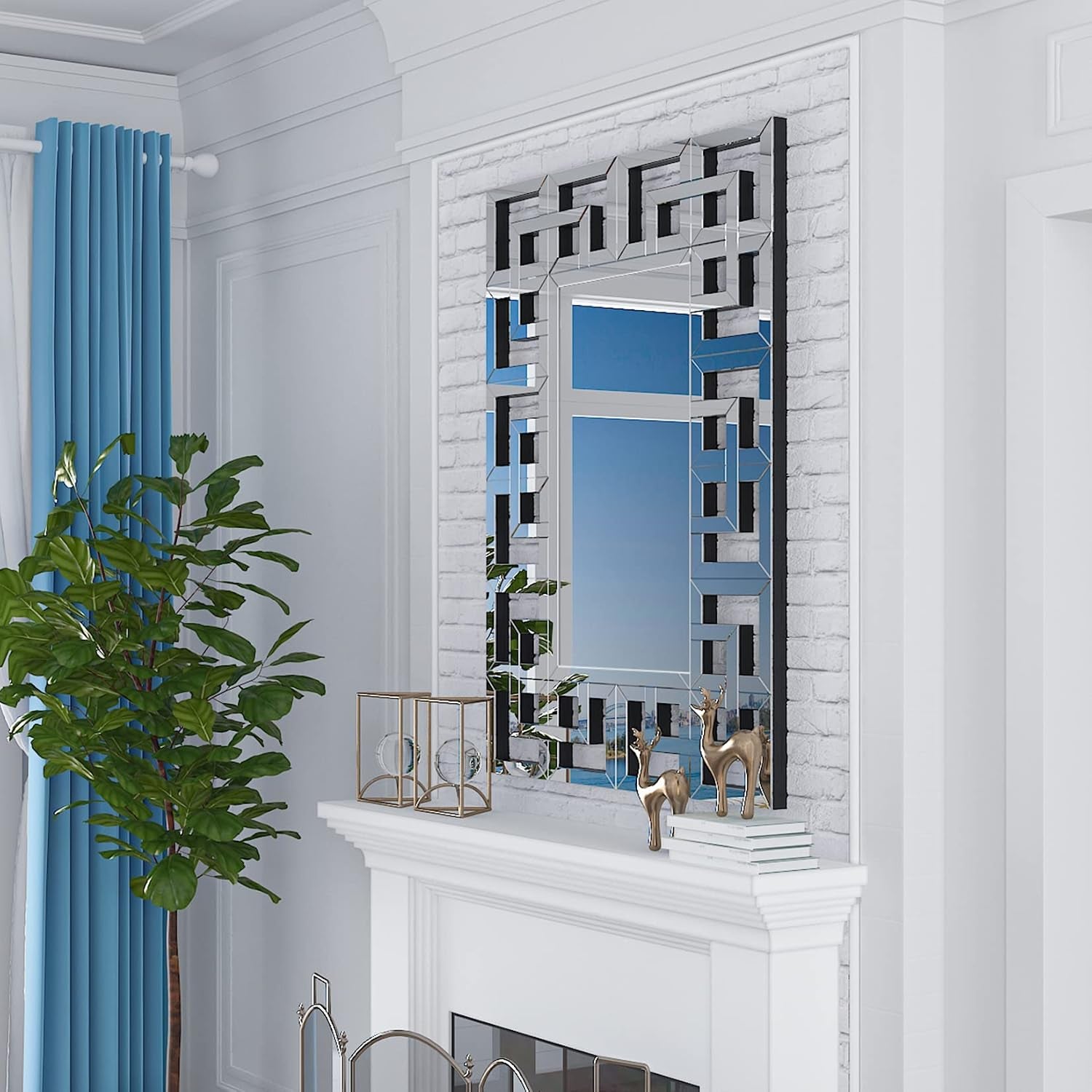 Decorative Mirror for Wall: 100X70 Cm Rectangular Large Silver Vanity with Beveled Glass Grecian Venetian Frame Edge Home Art Modern Accent Decor Bathroom Bedroom Living Room
