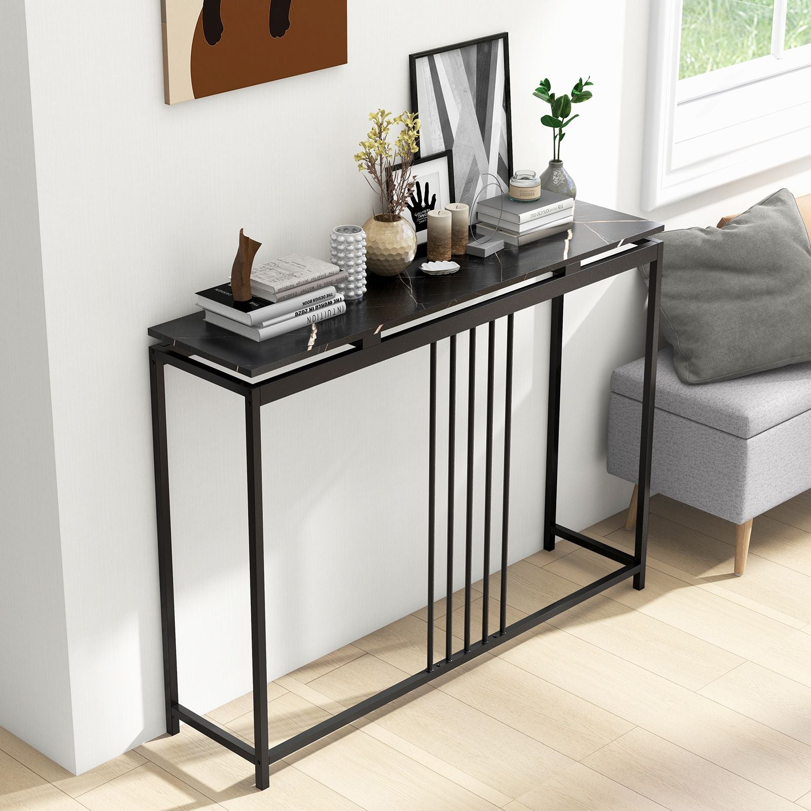 120Cm Console Table Narrow Entryway Table with Faux Marble Tabletop