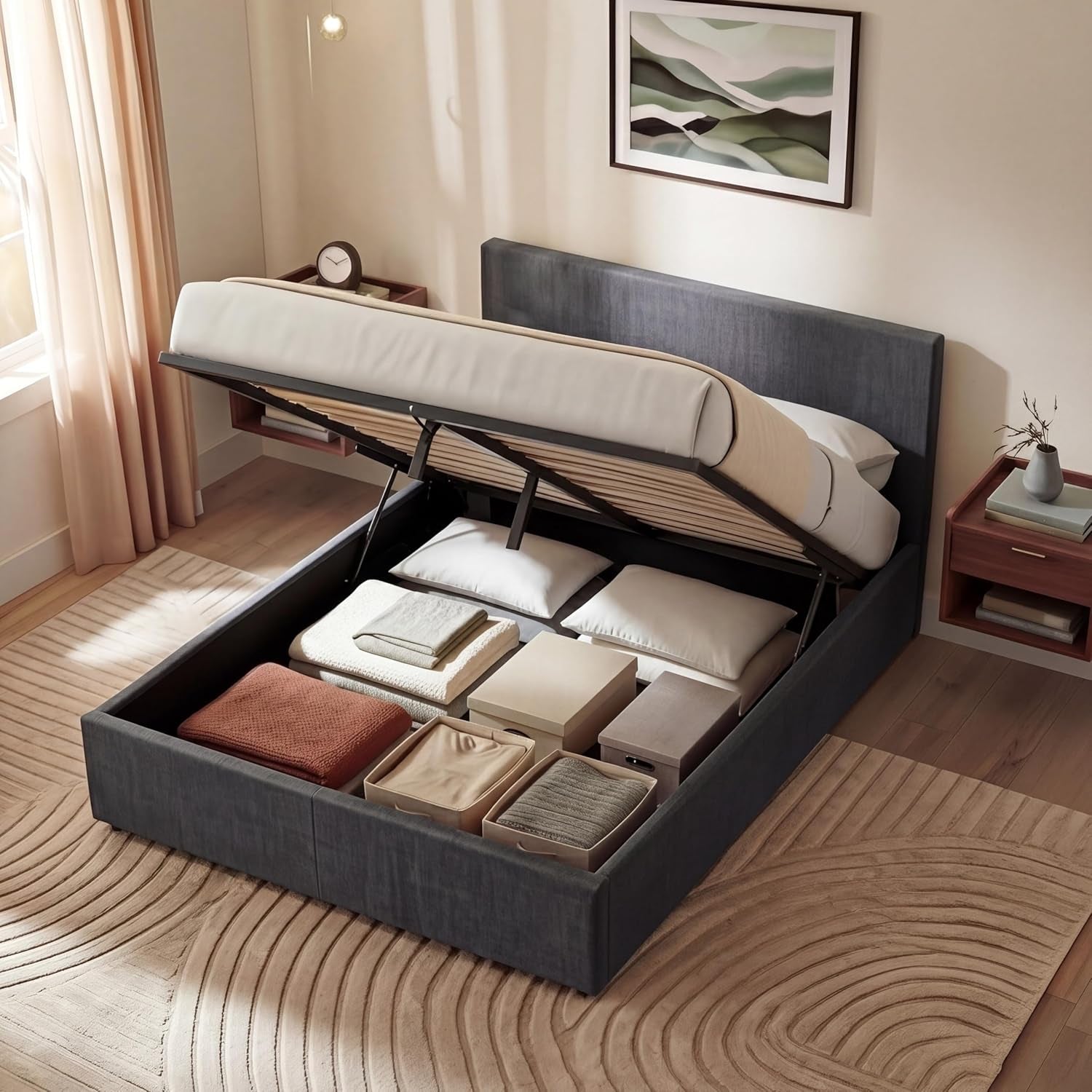 Veronica Double Ottoman Bed Frame | Dark Grey Linen | 82 H X 144 W X 200 D Cm (4Ft6) | Upholstered Linen Headboard | Gas-Lift | Large Storage | Slatted Base | Premium Bedroom Furniture