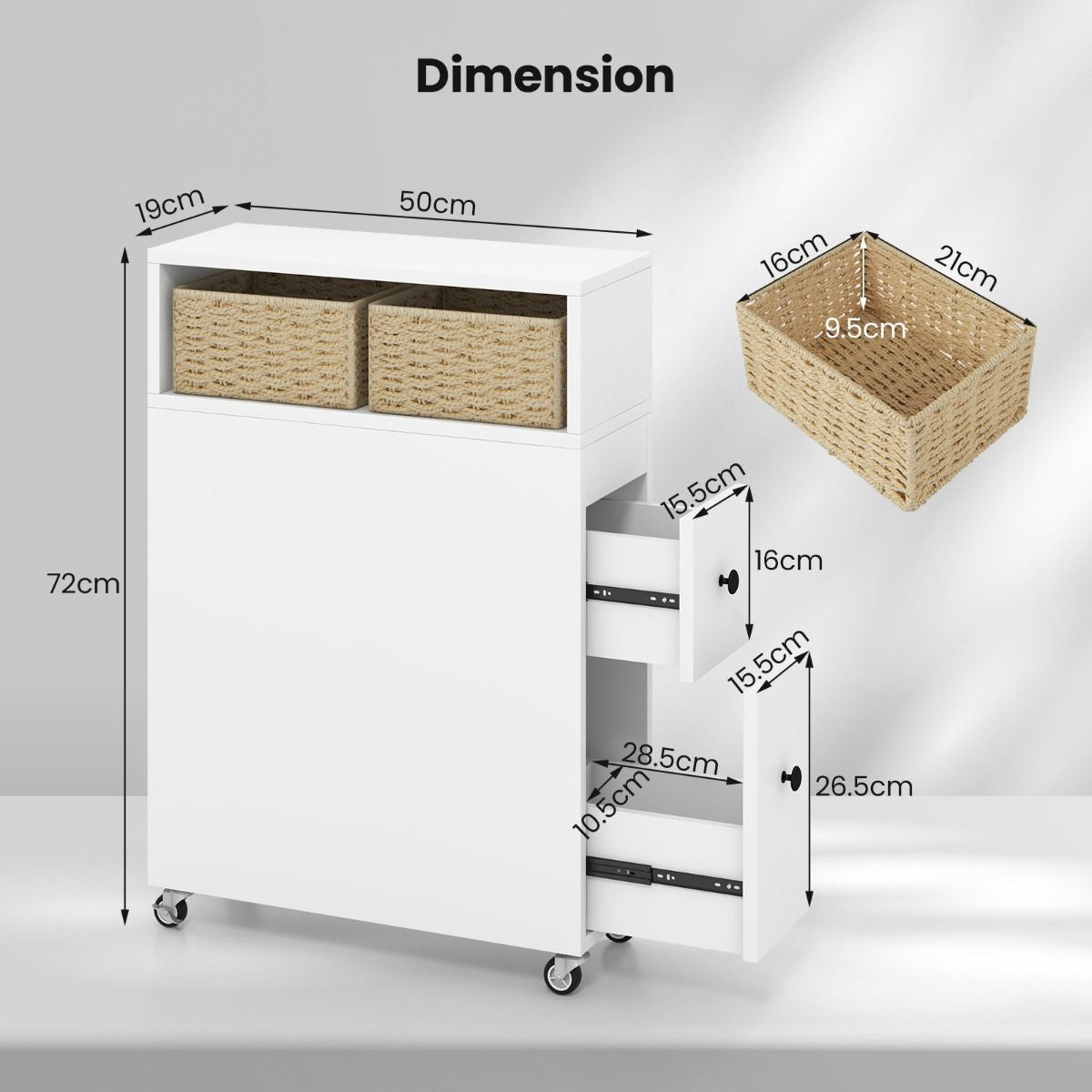 Slim Bathroom Storage Cabinet Movable with 2 Drawers and Baskets