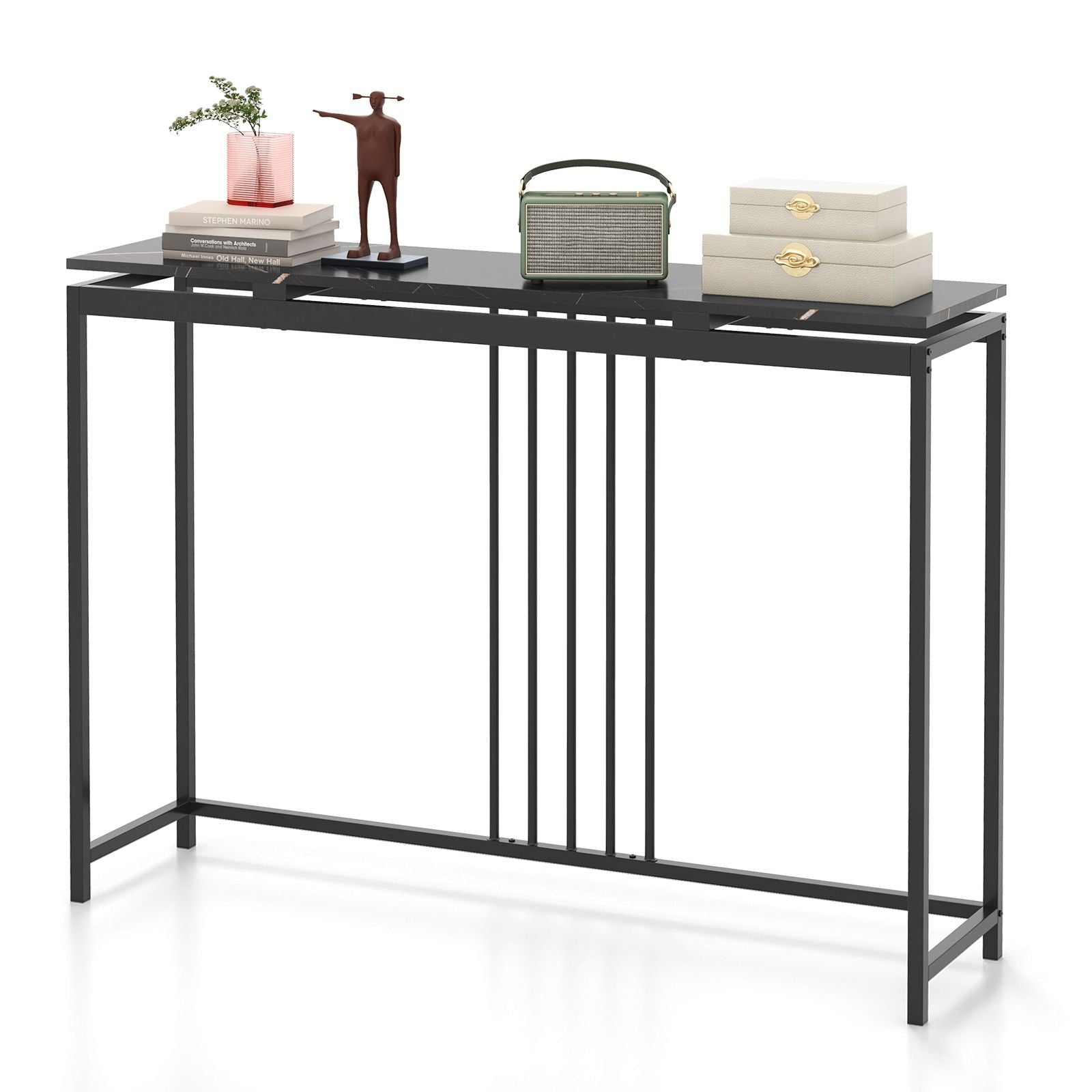 120Cm Console Table Narrow Entryway Table with Faux Marble Tabletop