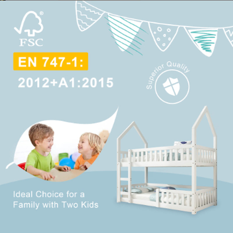 Bunk Bed, Twin Sleeper Bed with Ladder, Solid Wood Frame 3FT Single Bed, Gaming Bed, Castle-Shaped Bed 90 X 190 Cm Children'S Bed Room Furniture, Wooden Bed Frame for Kids Children White