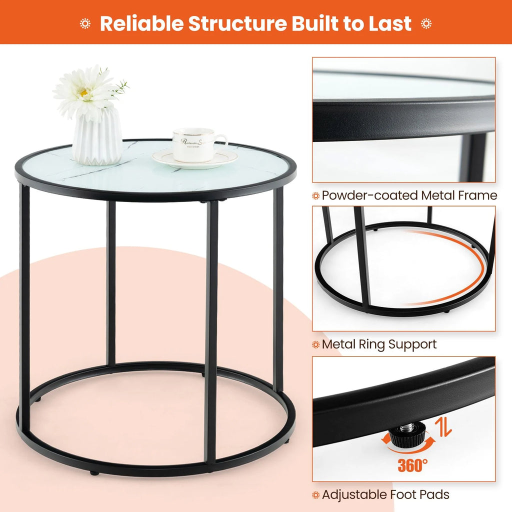 50CM round Side Table with Metal Frame and Faux Marble Glass Top