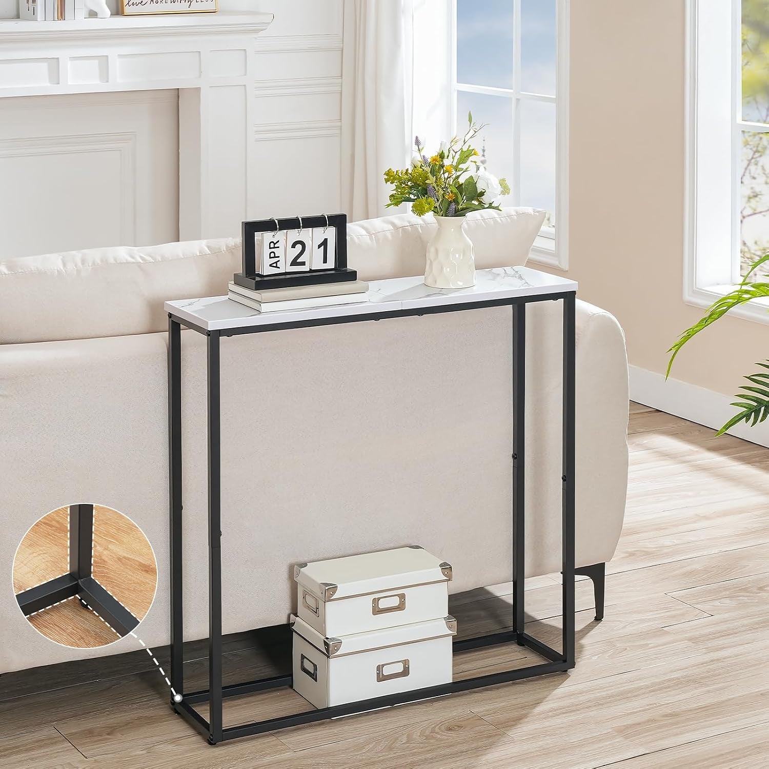 Console Table, Narrow Console Table for Hallway Slim, Hallway Table, Small Sofa Table for Small Spaces, Living Room, Entrance, Bedroom, Metal Frame, Marble, Black EBM76XG01