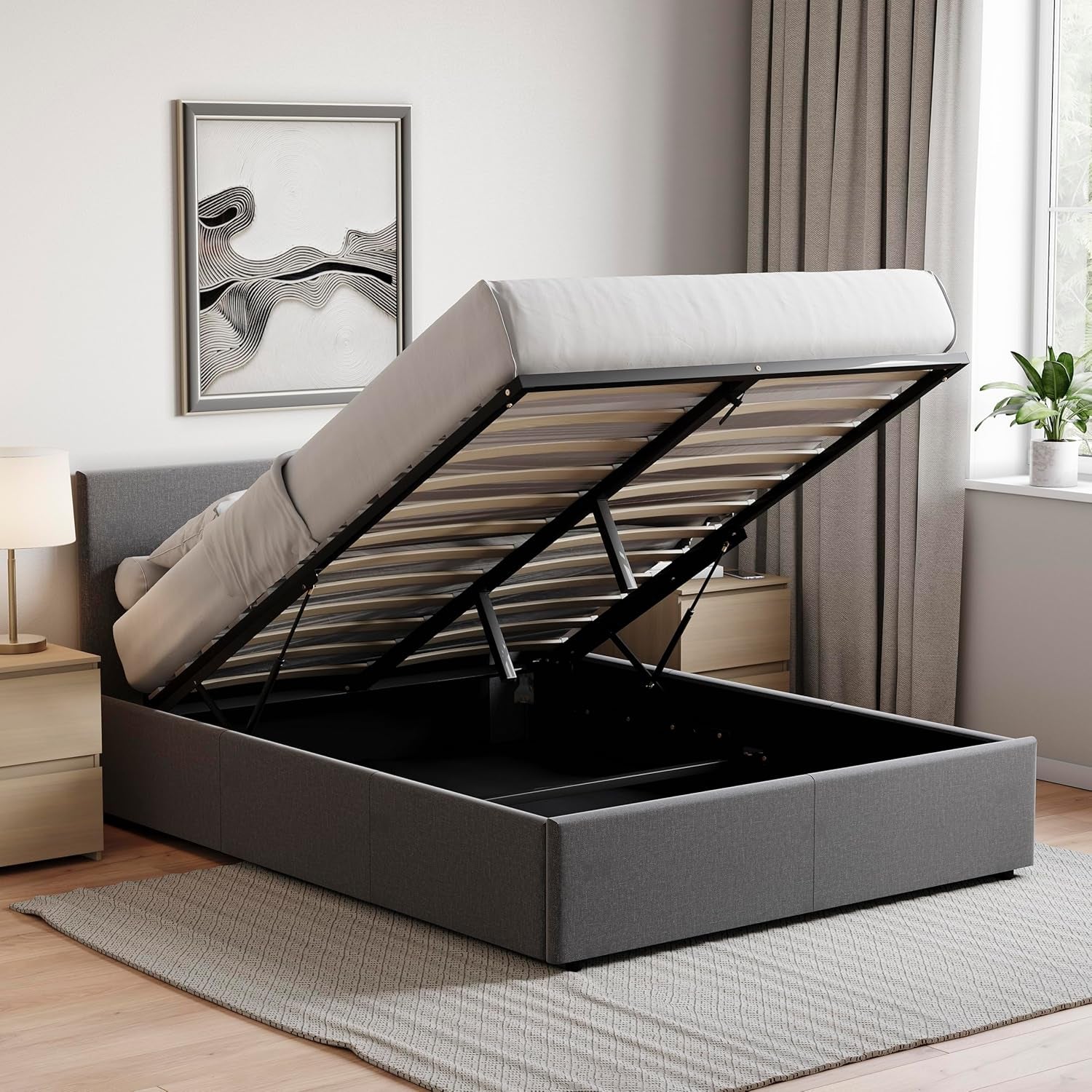 Veronica Double Ottoman Bed Frame | Dark Grey Linen | 82 H X 144 W X 200 D Cm (4Ft6) | Upholstered Linen Headboard | Gas-Lift | Large Storage | Slatted Base | Premium Bedroom Furniture