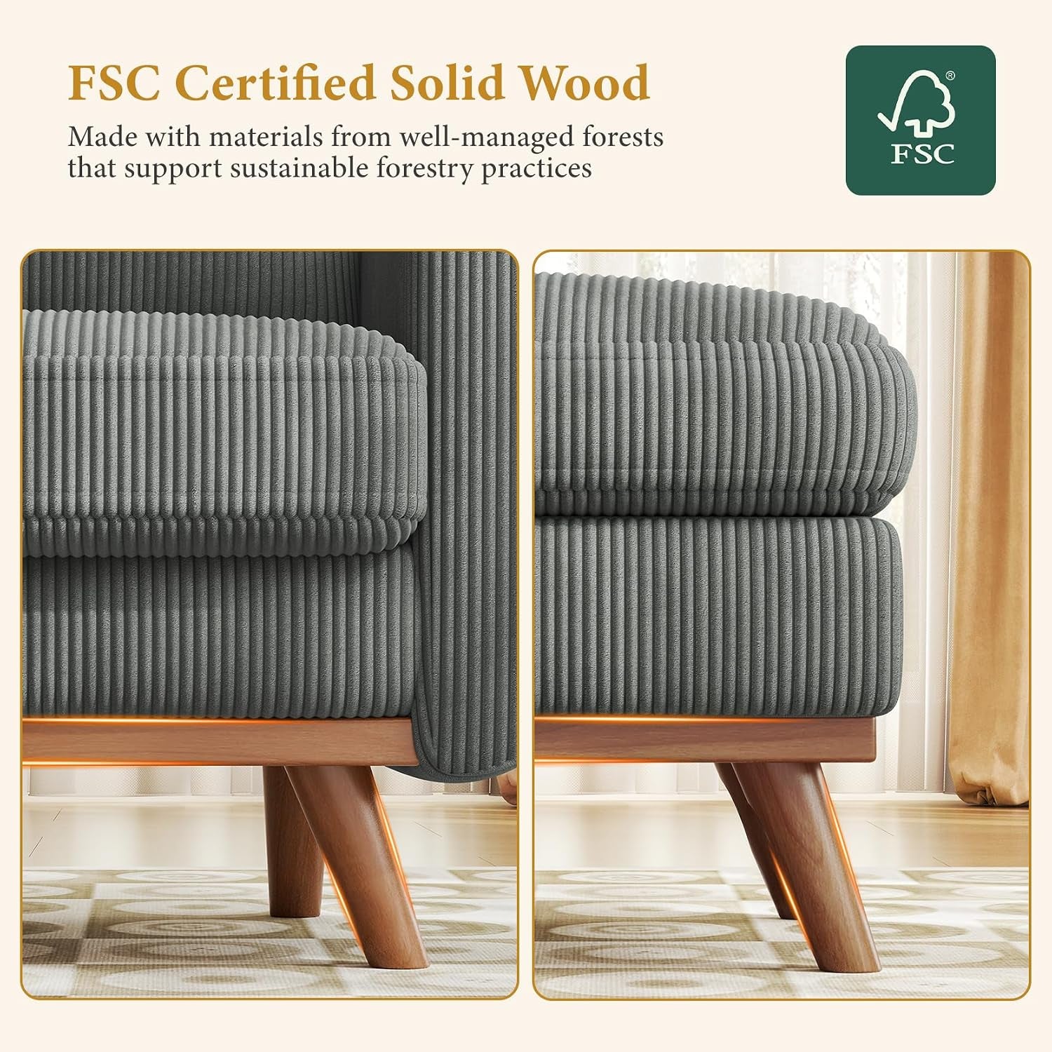 Accent Chair with Movable Ottoman, Comfy Corduroy Armchair with Spring Cushion, Reading Chair with Ottoman, Modern Single Sofa for Living Room, Bedroom and Apartment, Dark Grey