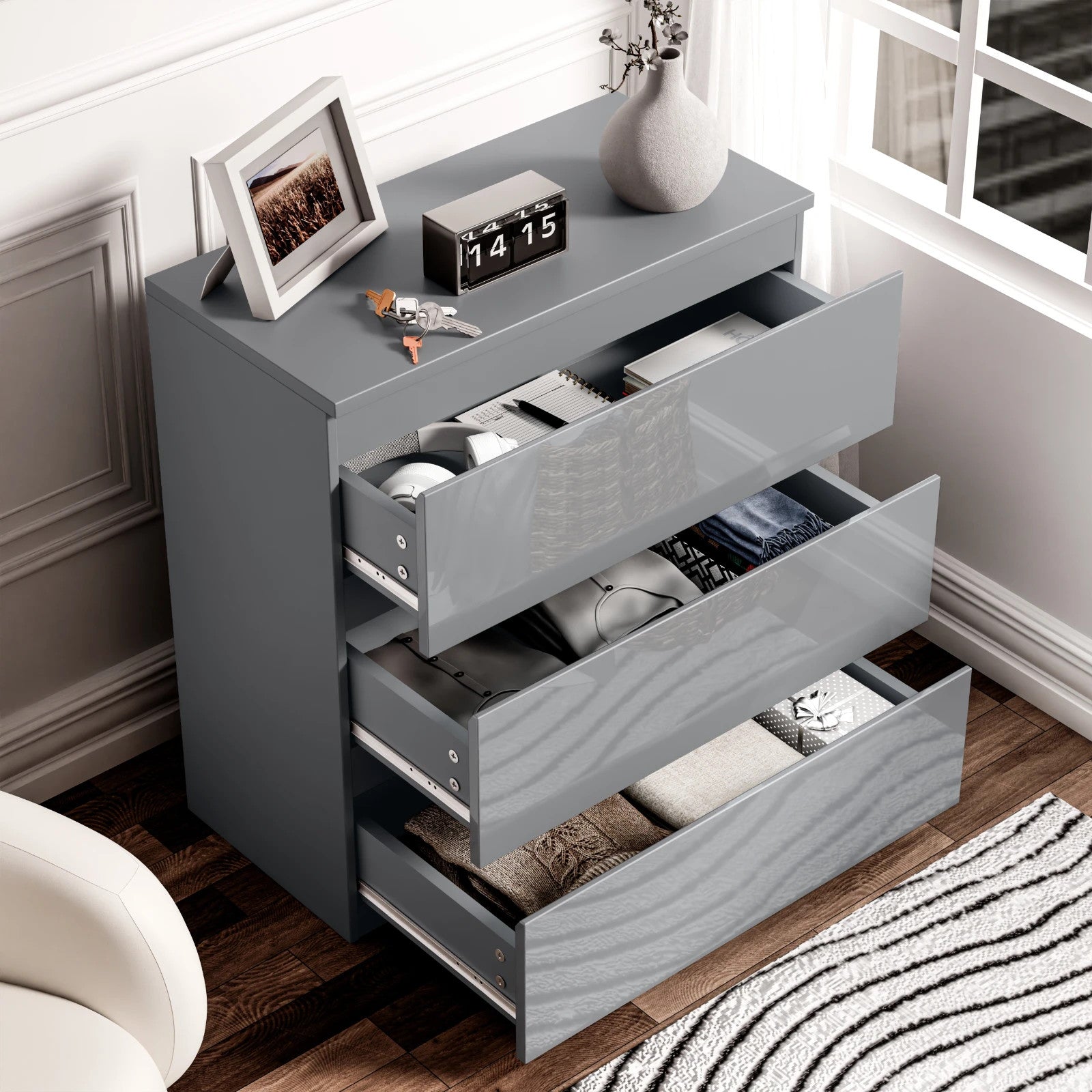 High Gloss Chest of Drawers Bedside Cabinet Tall Wide Storage Bedroom Furniture