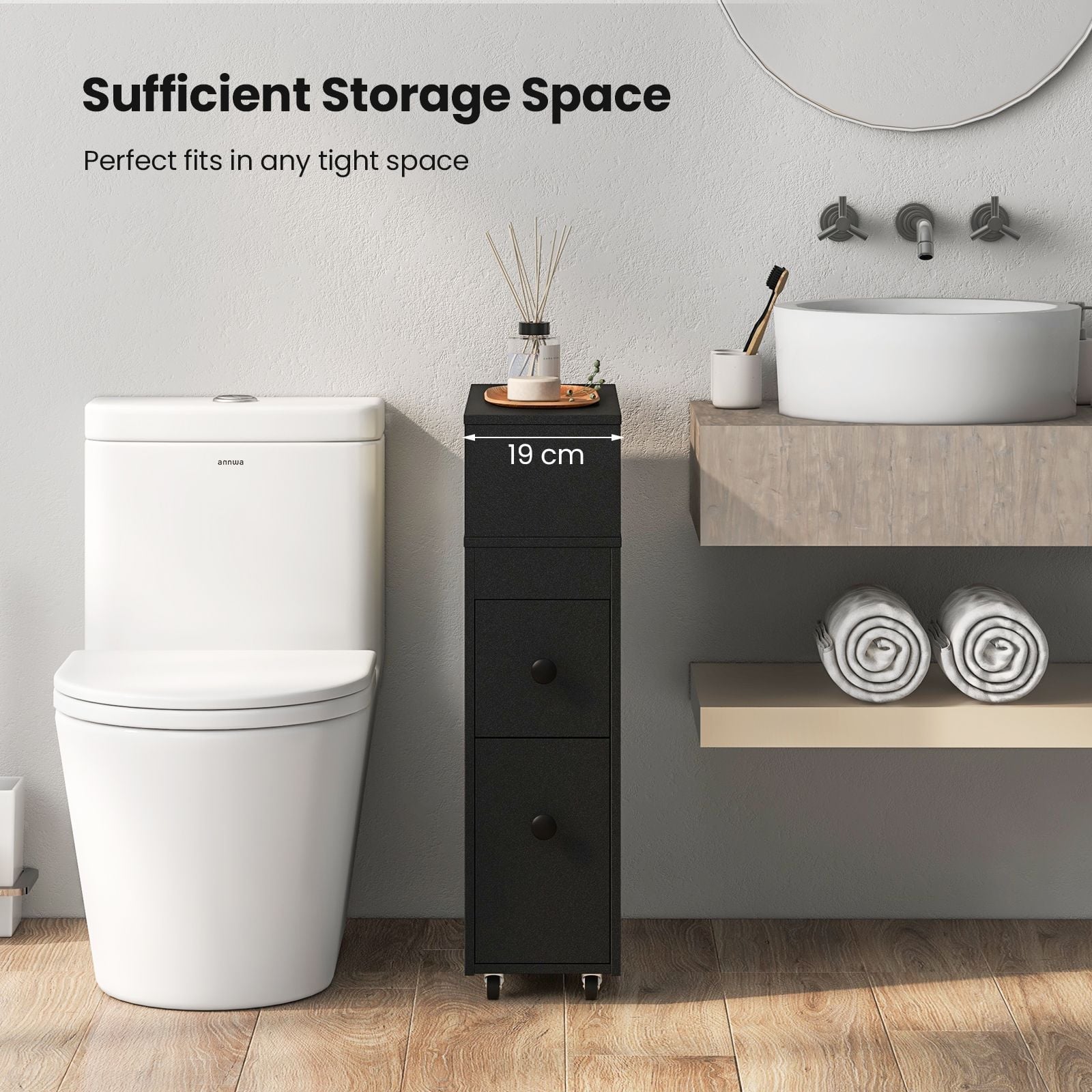 Slim Bathroom Storage Cabinet Movable with 2 Drawers and Baskets