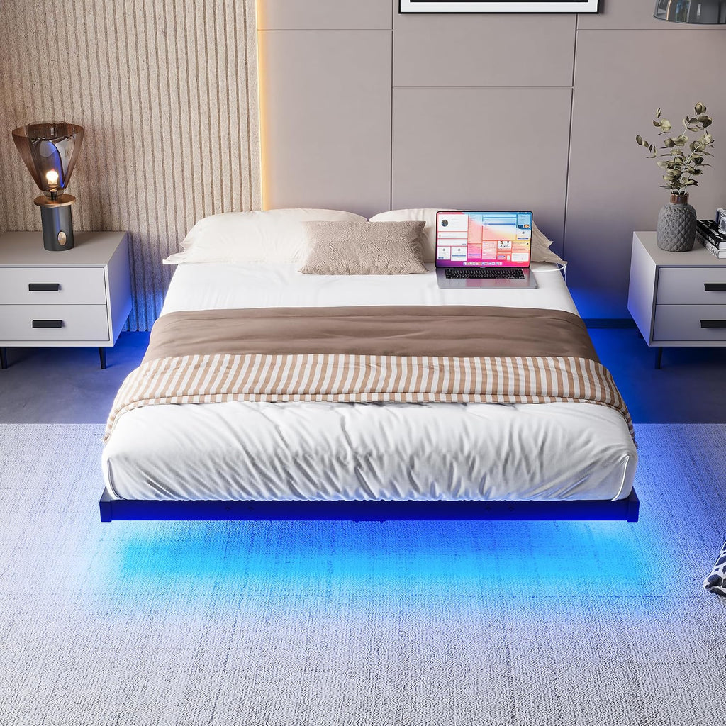 Double Bed Frame Floating Bed Frame with LED Lights,4Ft6 Metal Platform Bed Frame Double Size Bed Base with Charging Station,Reinforced Steel Slats/Under-Bed Storage/Noise Free/Black