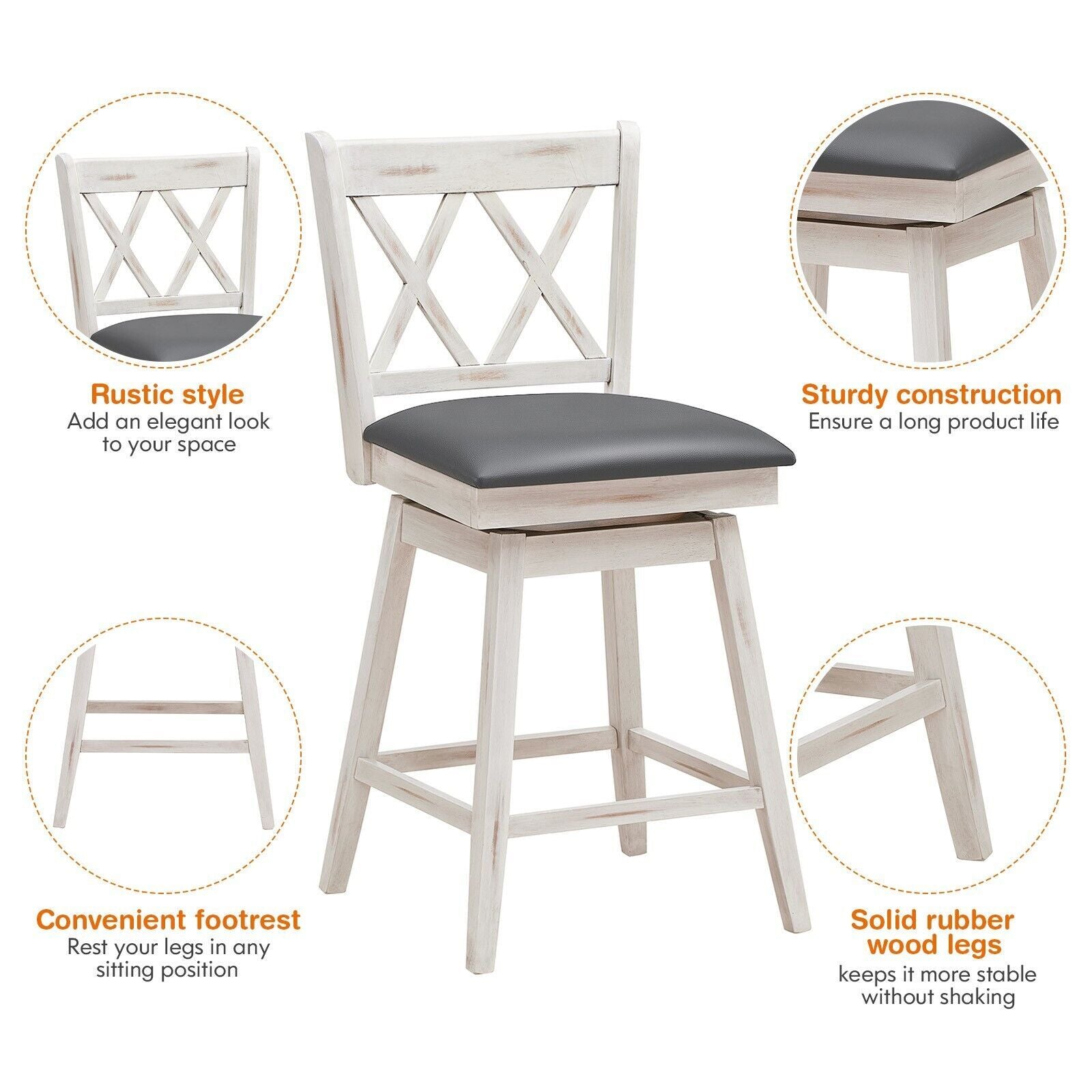 Set of 2 Counter Height Bar Stool with Ergonomic Backrest
