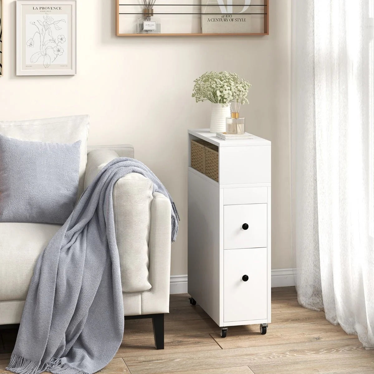 Slim Bathroom Storage Cabinet Movable with 2 Drawers and Baskets