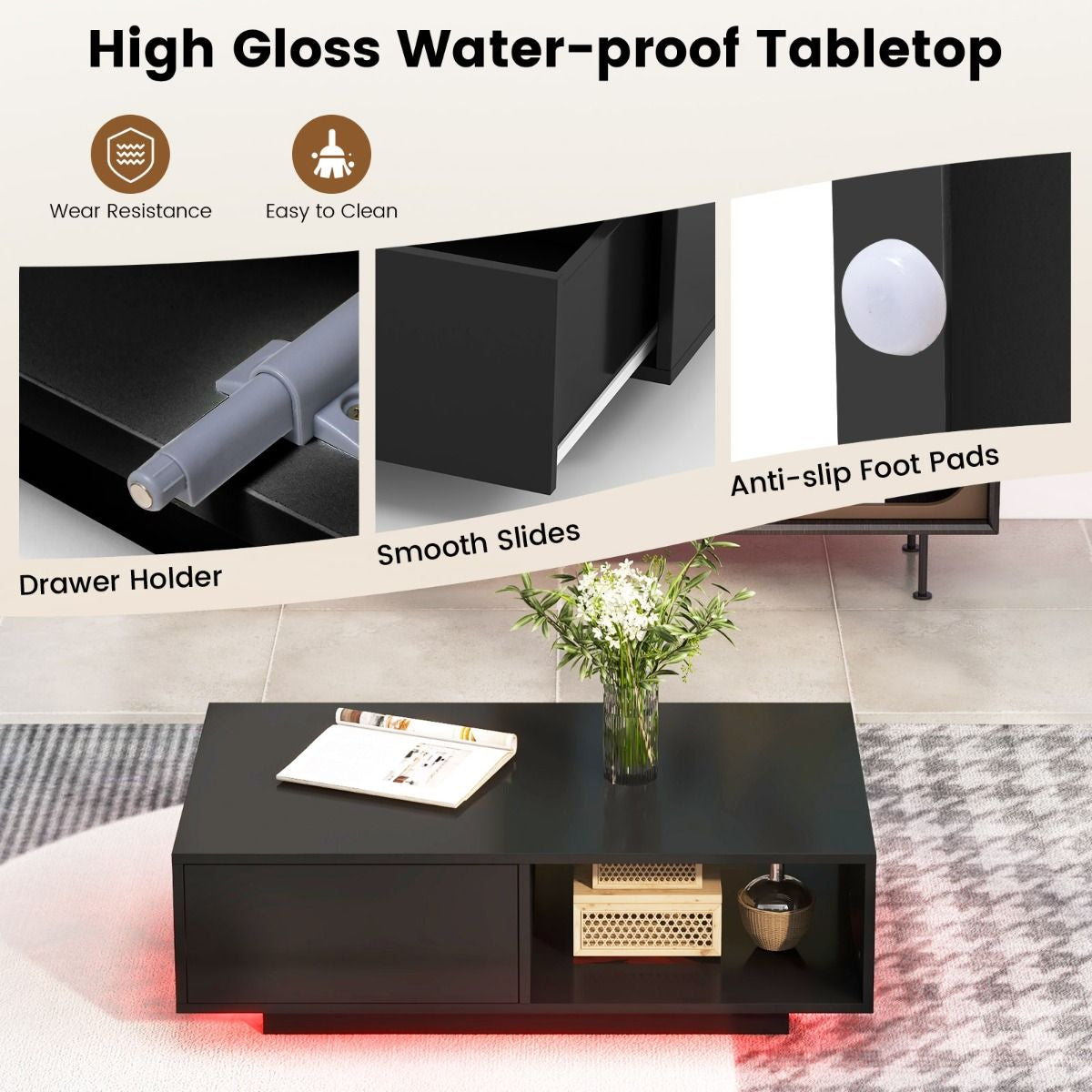 LED Coffee Table with 20 RGB Light Colors and Storage Shelf