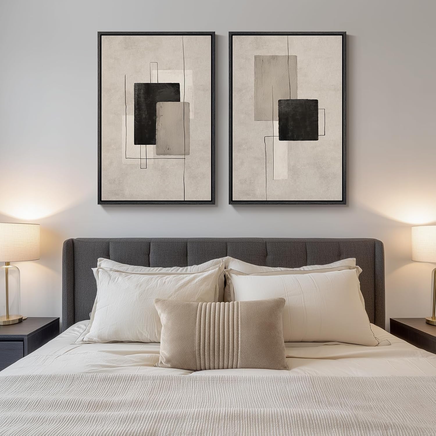 Large Framed Neutral Abstract Wall Art for Living Room, Set of 2 Black and Beige Modern Canvas Prints Paintings Artwork for Walls, Minimalist Block Lines Pictures for Hallway Office Wall Decor 24X36