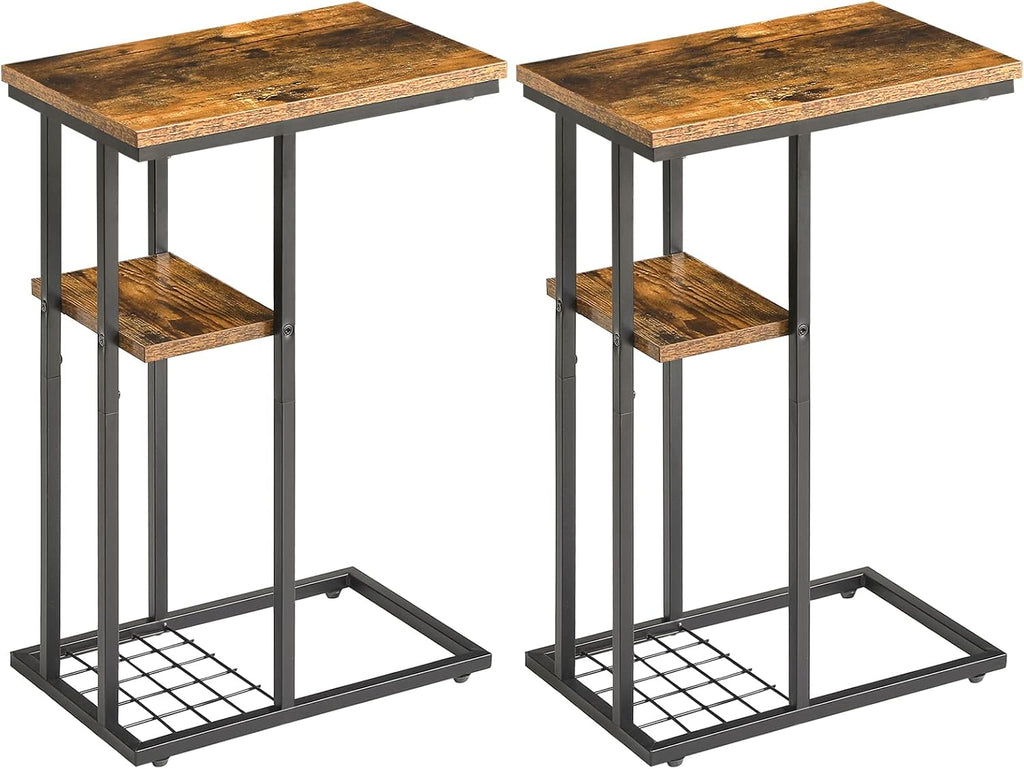 C-Shaped End Table Set of 2, Side Table for Sofa and Bed, Coffee Table for Small Spaces, Living Room, Bedroom, Industrial Small Table with Storage Shelf and Metal Frame, Rustic Brown, HST004H-2
