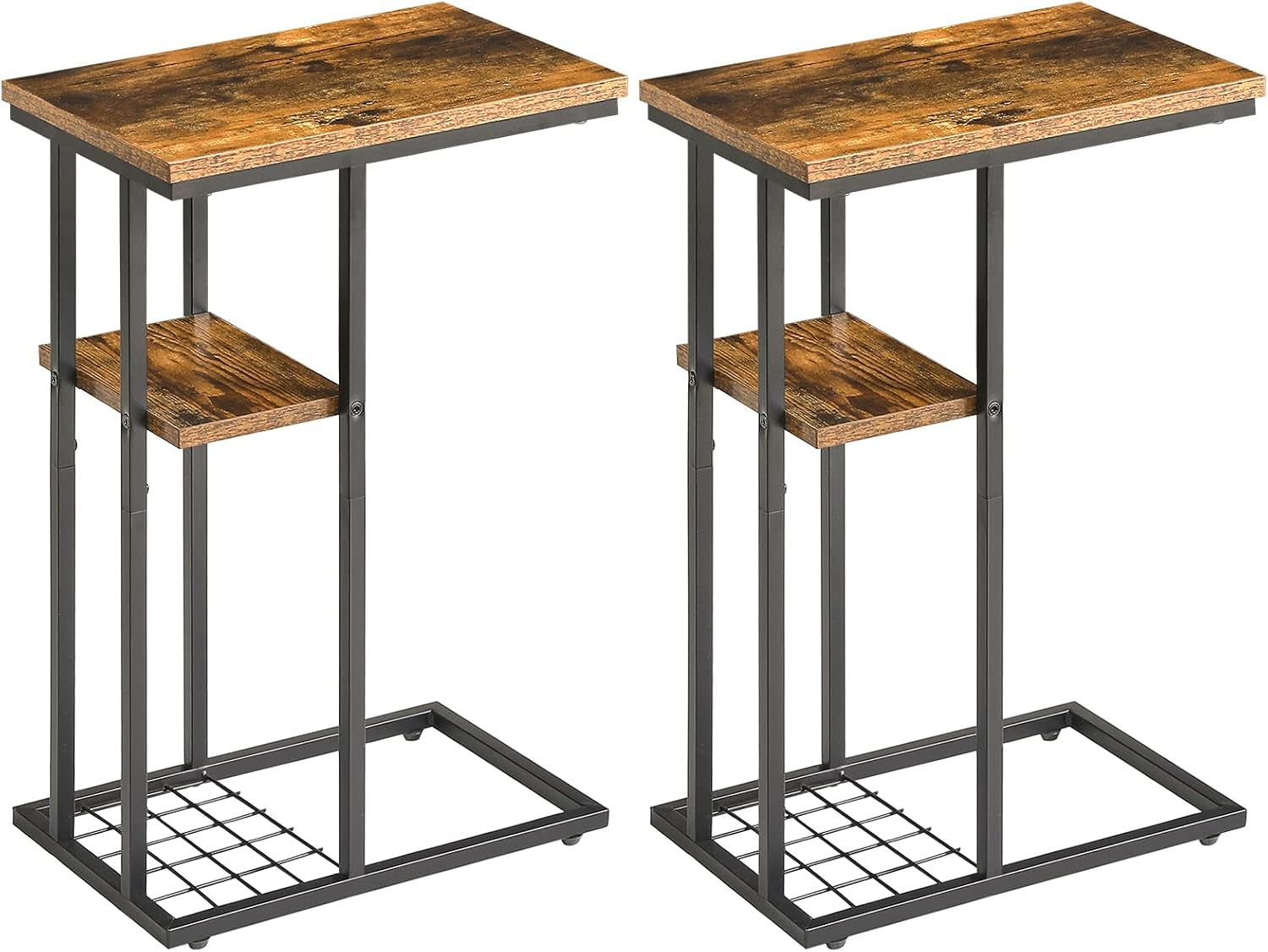 C-Shaped End Table Set of 2, Side Table for Sofa and Bed, Coffee Table for Small Spaces, Living Room, Bedroom, Industrial Small Table with Storage Shelf and Metal Frame, Rustic Brown, HST004H-2