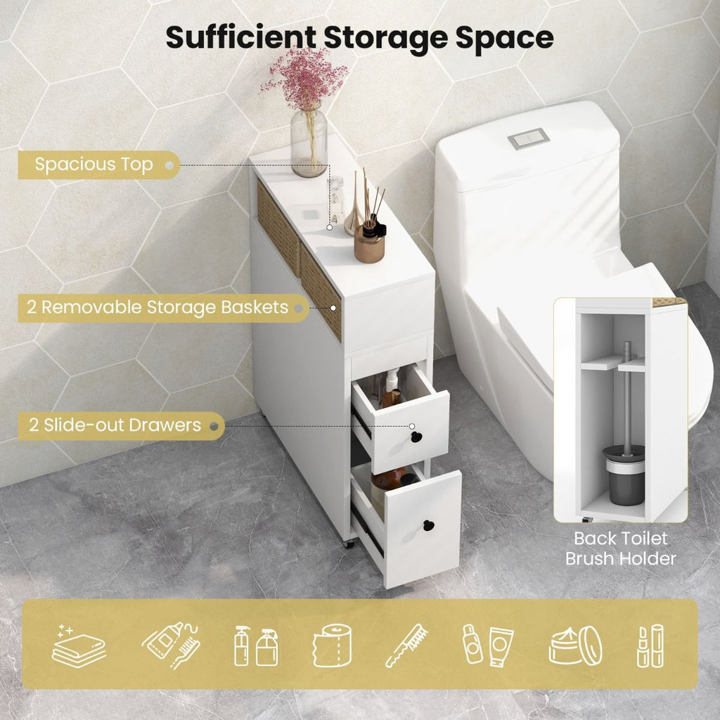 Slim Bathroom Storage Cabinet Movable with 2 Drawers and Baskets