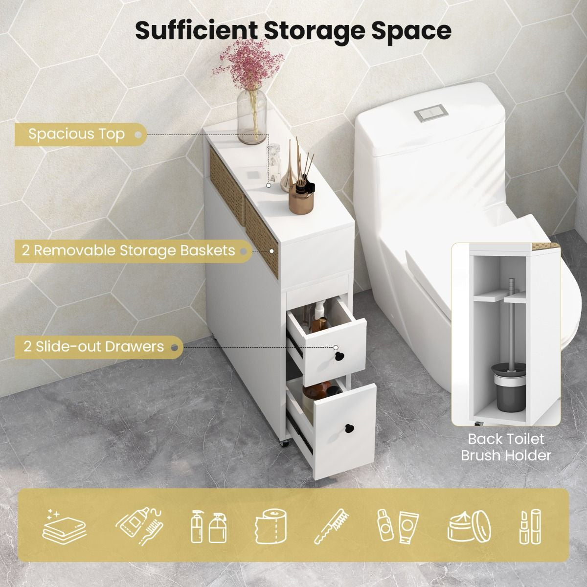 Slim Bathroom Storage Cabinet Movable with 2 Drawers and Baskets
