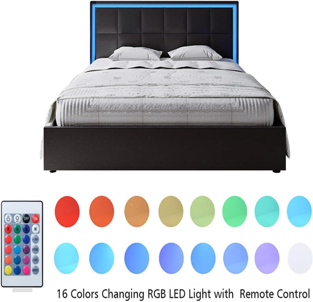 Ottoman Bed,4Ft Upholstered Bed Ottoman Lift Storage Bed with LED Lights | Small Double Bed Frame Faux Leather Storage Bed Frame under Bed Storage Bedroom Furniture,Black